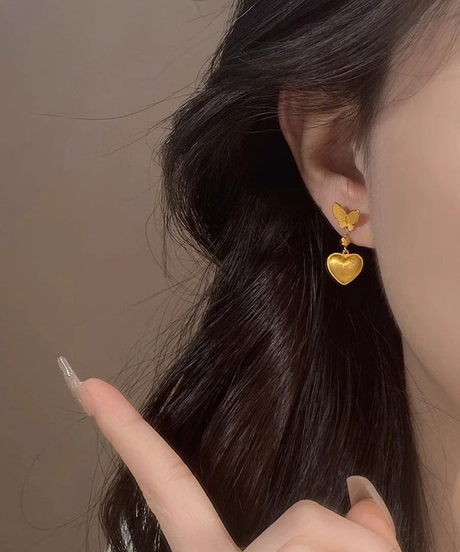 Chinese Style Gold Copper Overgild Butterfly Love Drop Earrings