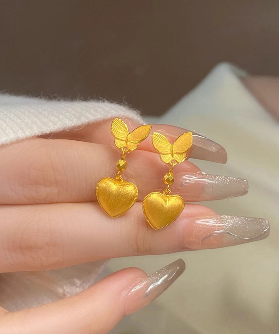 Chinese Style Gold Copper Overgild Butterfly Love Drop Earrings