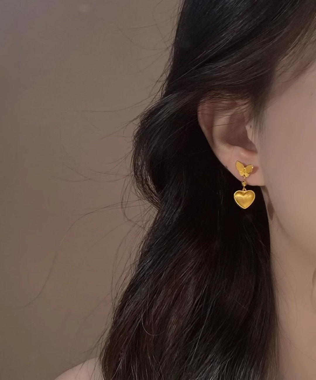 Chinese Style Gold Copper Overgild Butterfly Love Drop Earrings