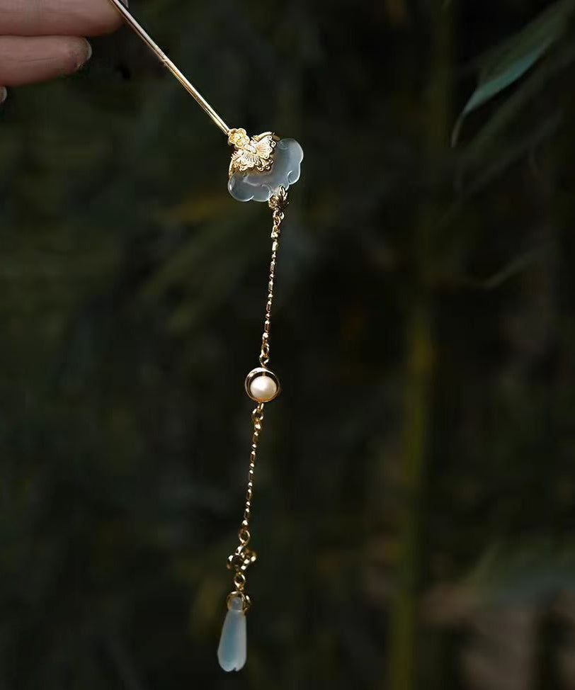 Chinese Style Gold Copper Overgild Pearl Jade Tassel Hairpin