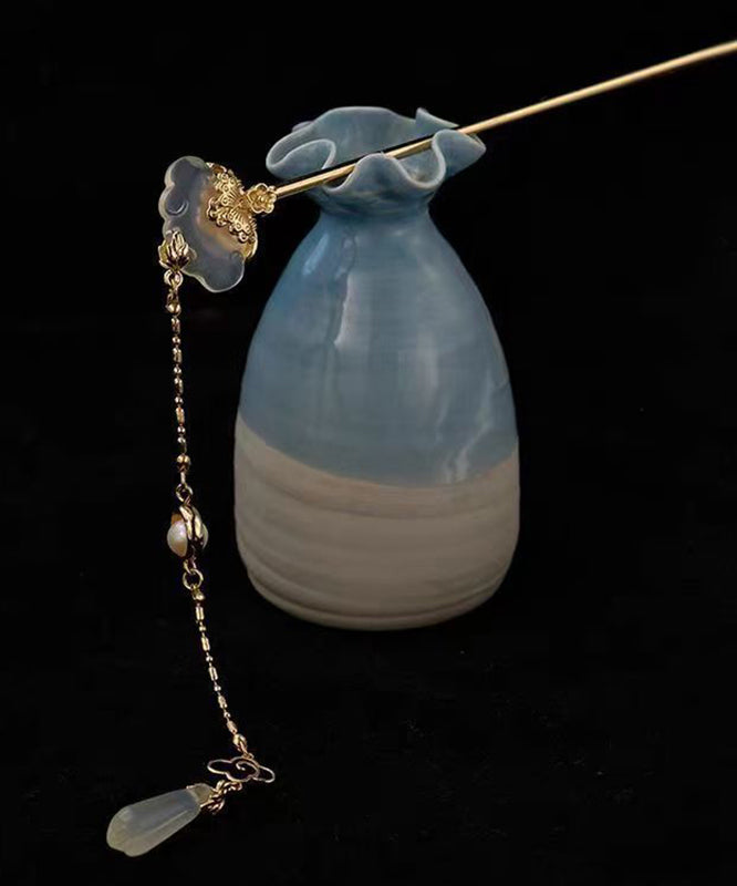 Chinese Style Gold Copper Overgild Pearl Jade Tassel Hairpin