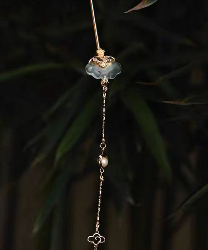 Chinese Style Gold Copper Overgild Pearl Jade Tassel Hairpin