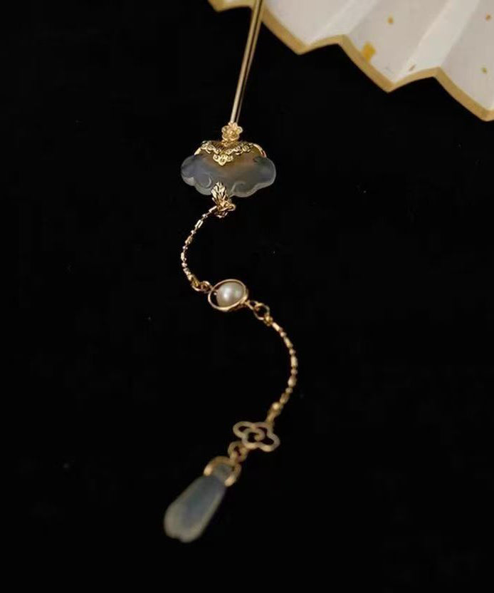 Chinese Style Gold Copper Overgild Pearl Jade Tassel Hairpin