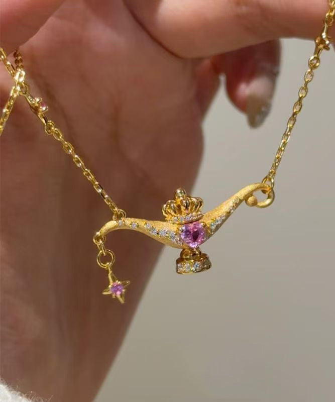 Chinese Style Gold Copper Zircon Aladdin's Lamp Pendant Necklace