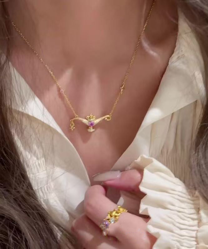 Chinese Style Gold Copper Zircon Aladdin's Lamp Pendant Necklace