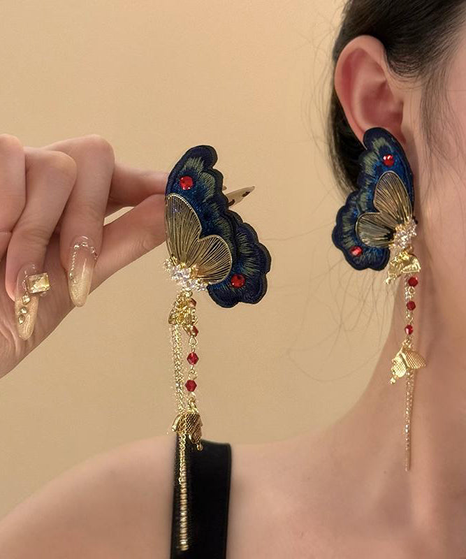 Chinese Style Gold Copper Zircon Butterfly Tassel Drop Earrings