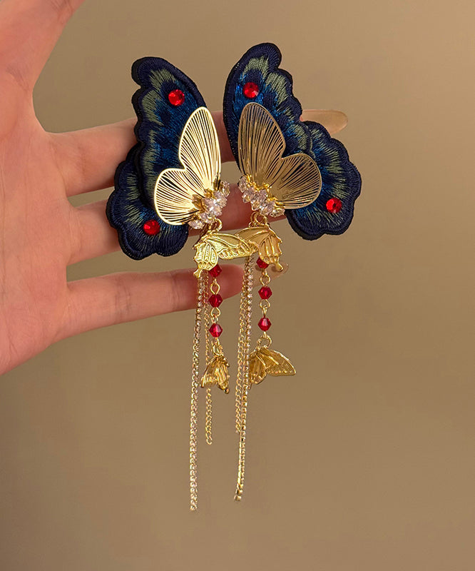 Chinese Style Gold Copper Zircon Butterfly Tassel Drop Earrings
