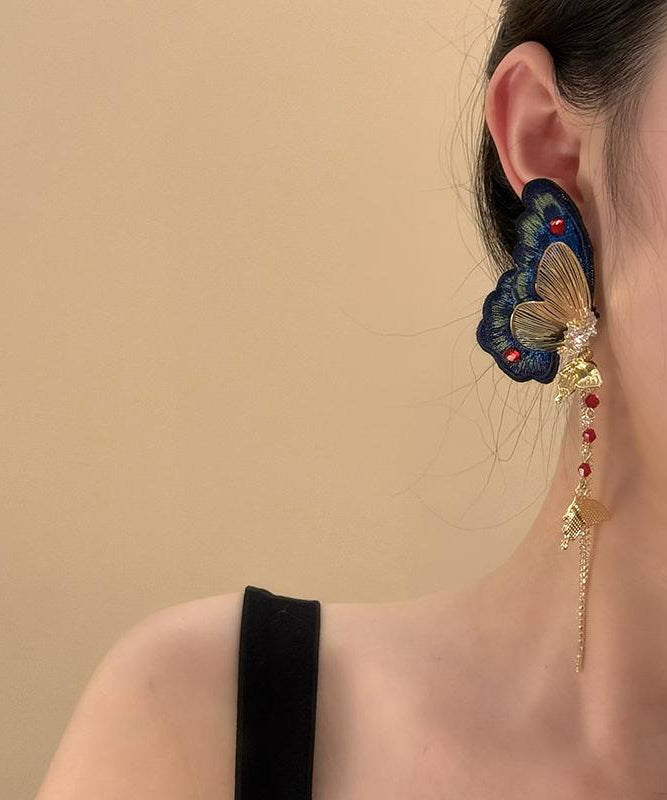 Chinese Style Gold Copper Zircon Butterfly Tassel Drop Earrings