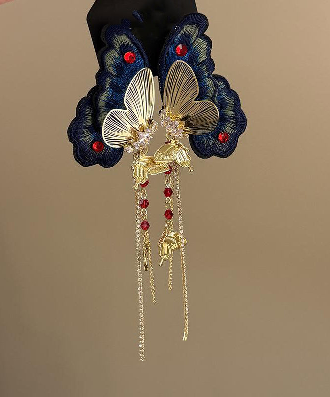 Chinese Style Gold Copper Zircon Butterfly Tassel Drop Earrings