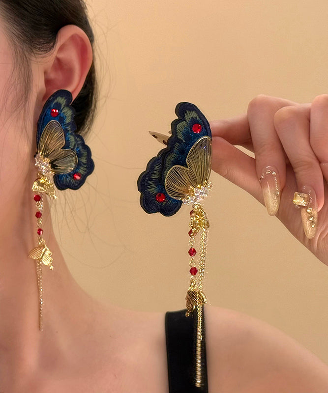 Chinese Style Gold Copper Zircon Butterfly Tassel Drop Earrings