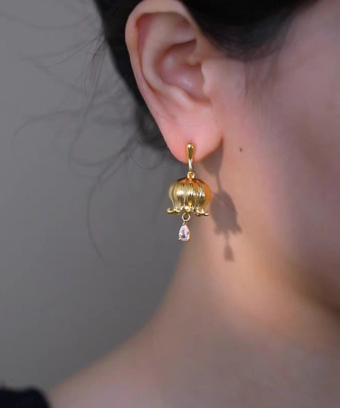 Chinese Style Gold Copper Zircon Lily Of The Valley Water Drop Drop Earrings