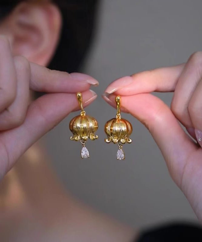 Chinese Style Gold Copper Zircon Lily Of The Valley Water Drop Drop Earrings