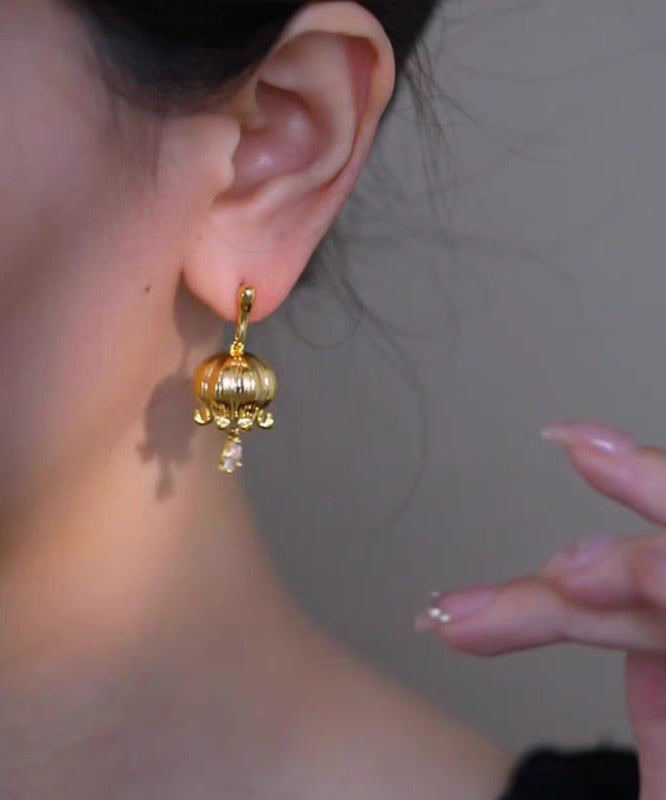Chinese Style Gold Copper Zircon Lily Of The Valley Water Drop Drop Earrings