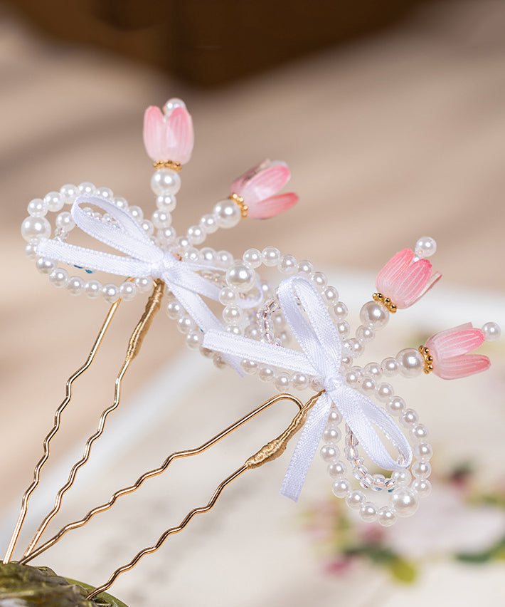 Chinese Style Gold Metal Alloy Pearl Colored Glaze Bow Kids Hairpin
