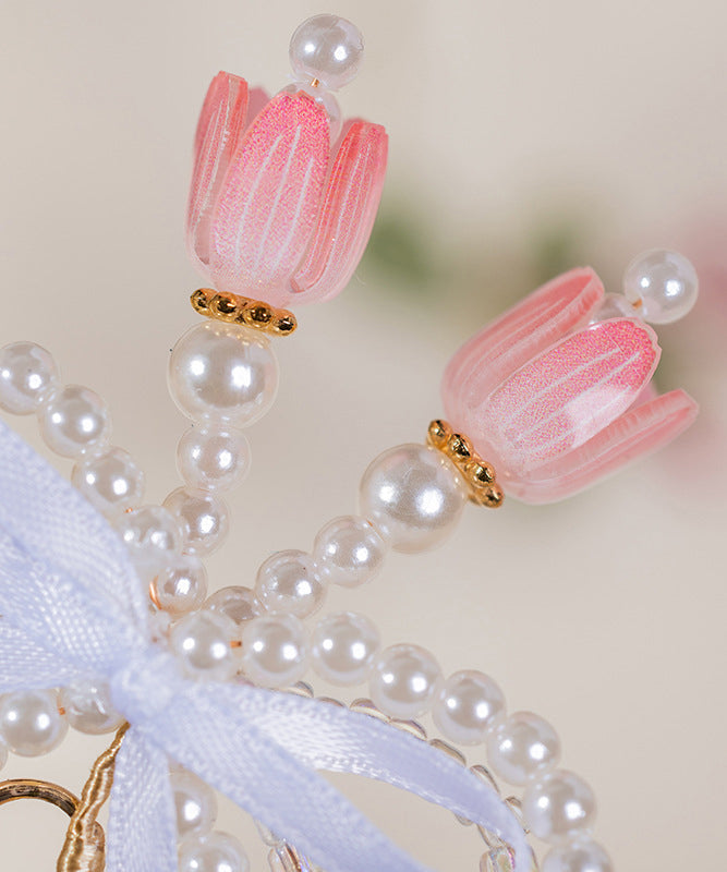 Chinese Style Gold Metal Alloy Pearl Colored Glaze Bow Kids Hairpin
