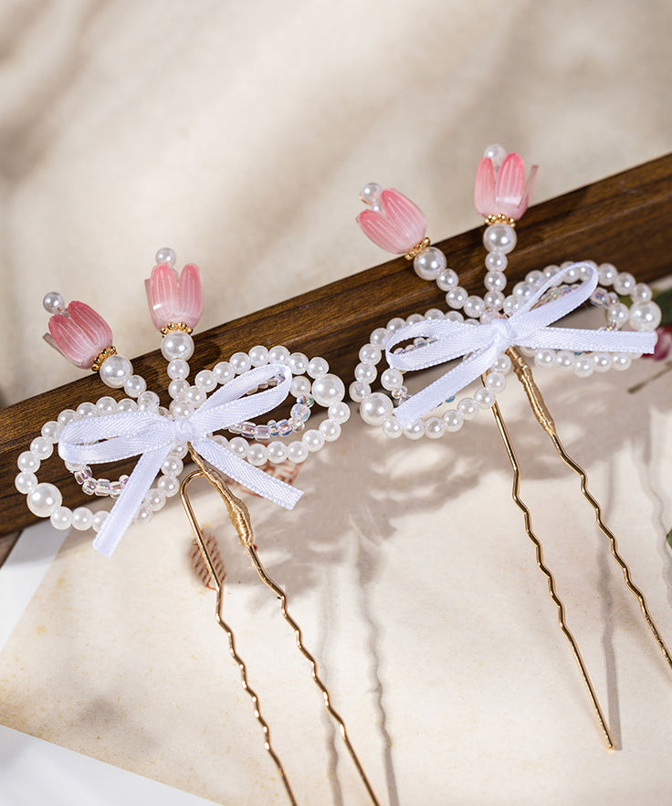 Chinese Style Gold Metal Alloy Pearl Colored Glaze Bow Kids Hairpin