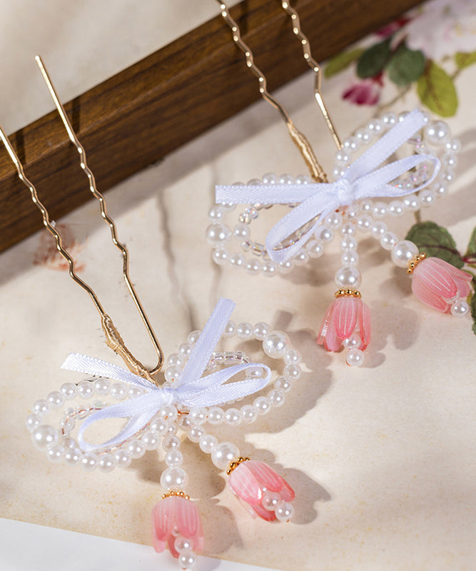Chinese Style Gold Metal Alloy Pearl Colored Glaze Bow Kids Hairpin