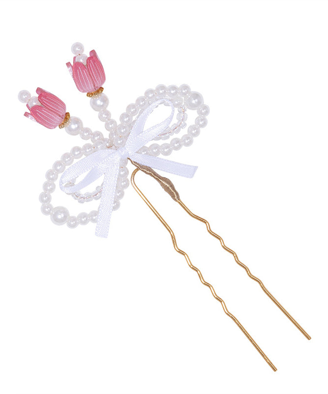 Chinese Style Gold Metal Alloy Pearl Colored Glaze Bow Kids Hairpin