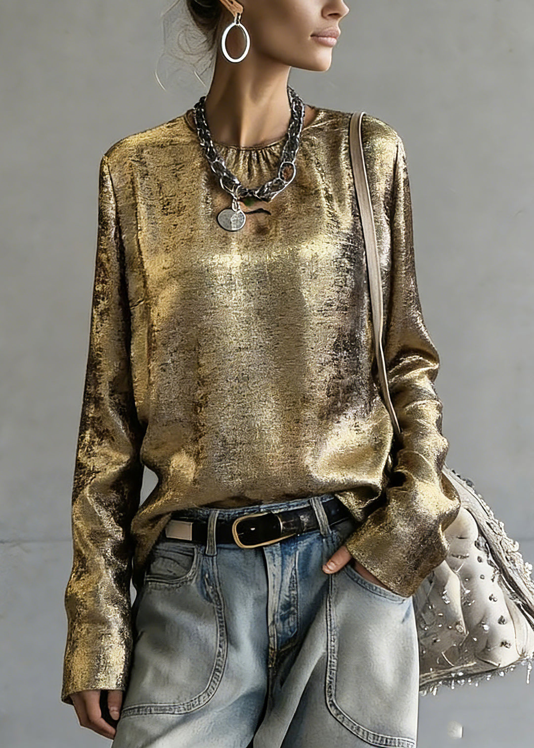 Chinese Style Gold O-Neck Patchwork Top Spring