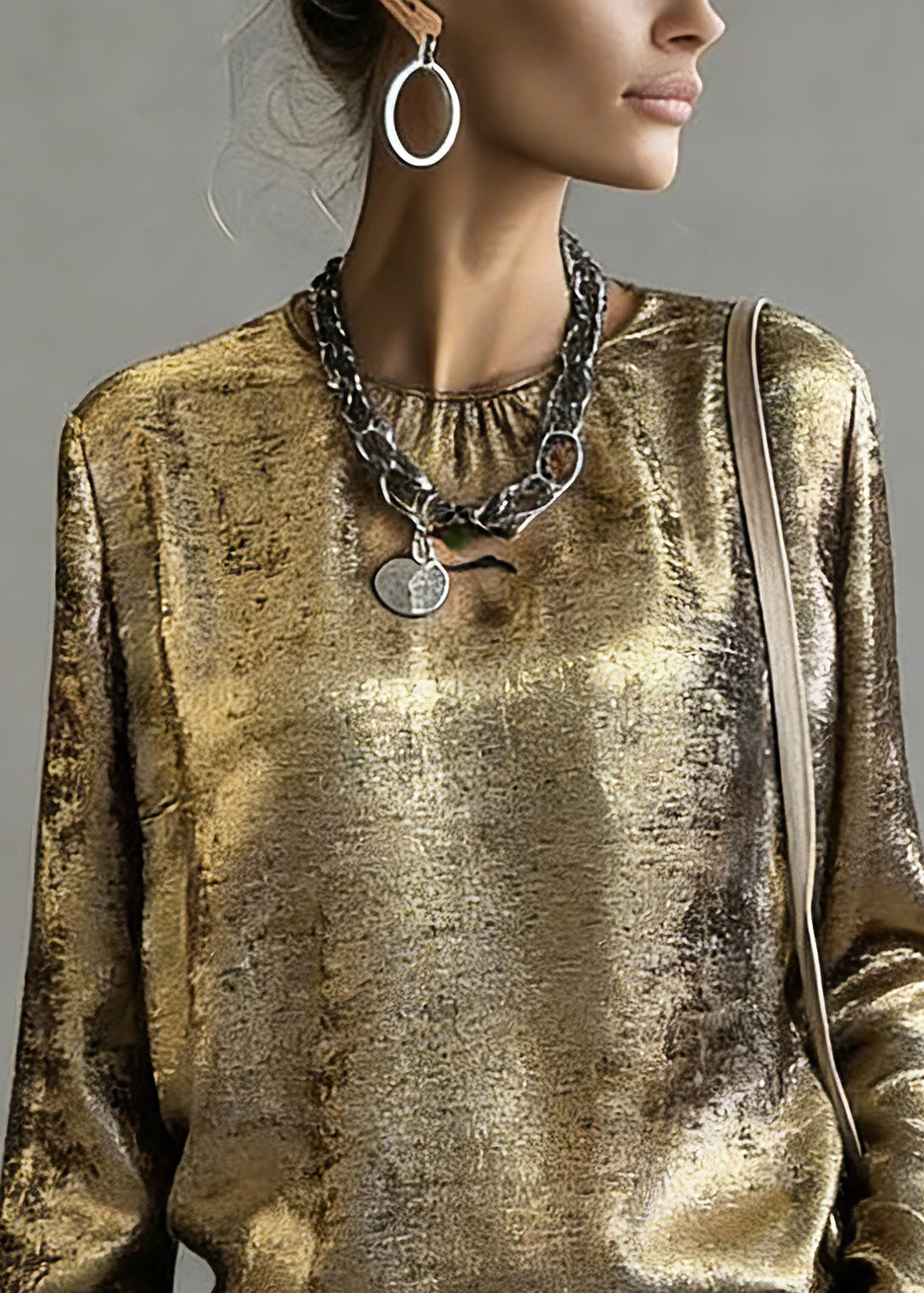 Chinese Style Gold O-Neck Patchwork Top Spring