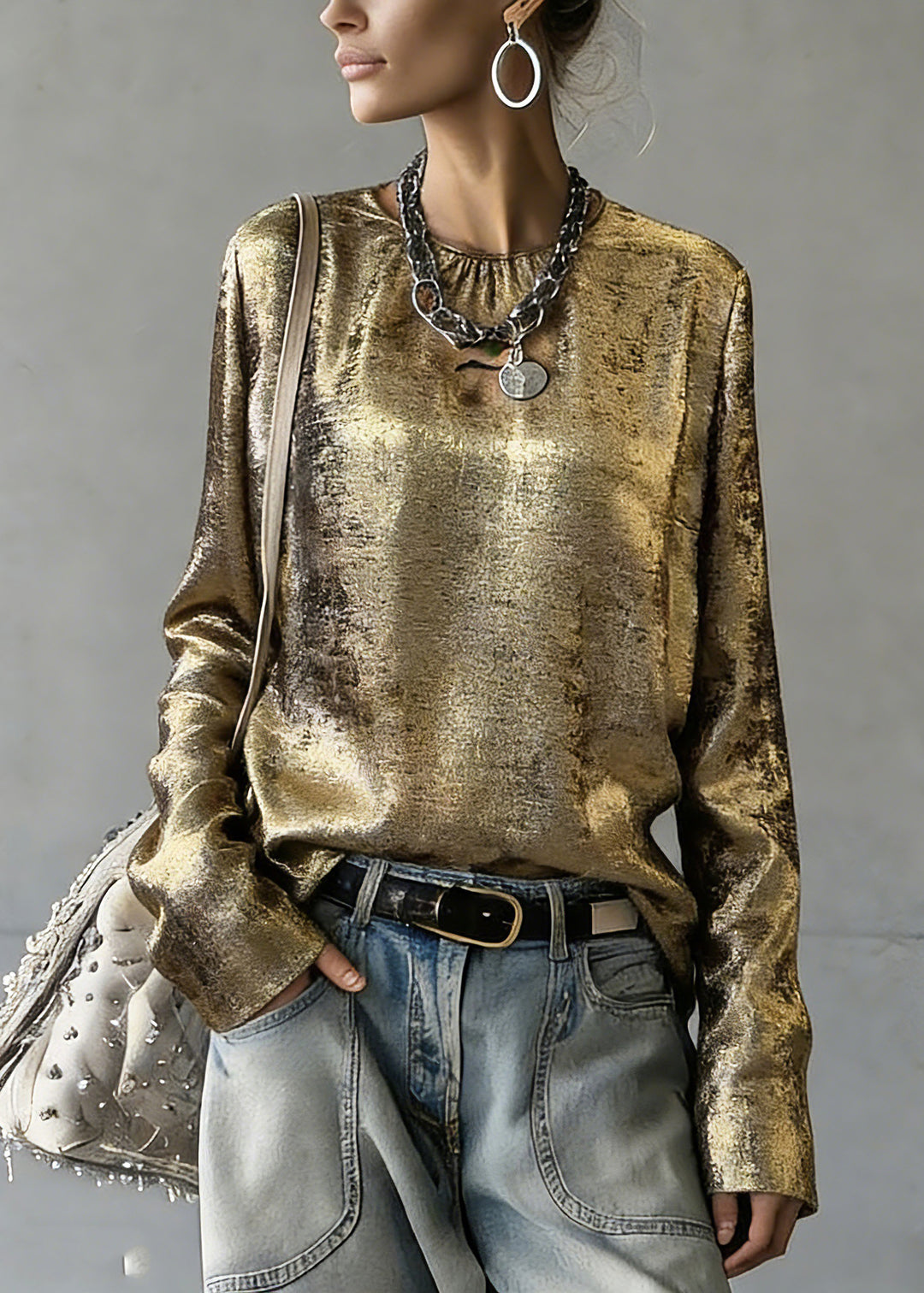 Chinese Style Gold O-Neck Patchwork Top Spring