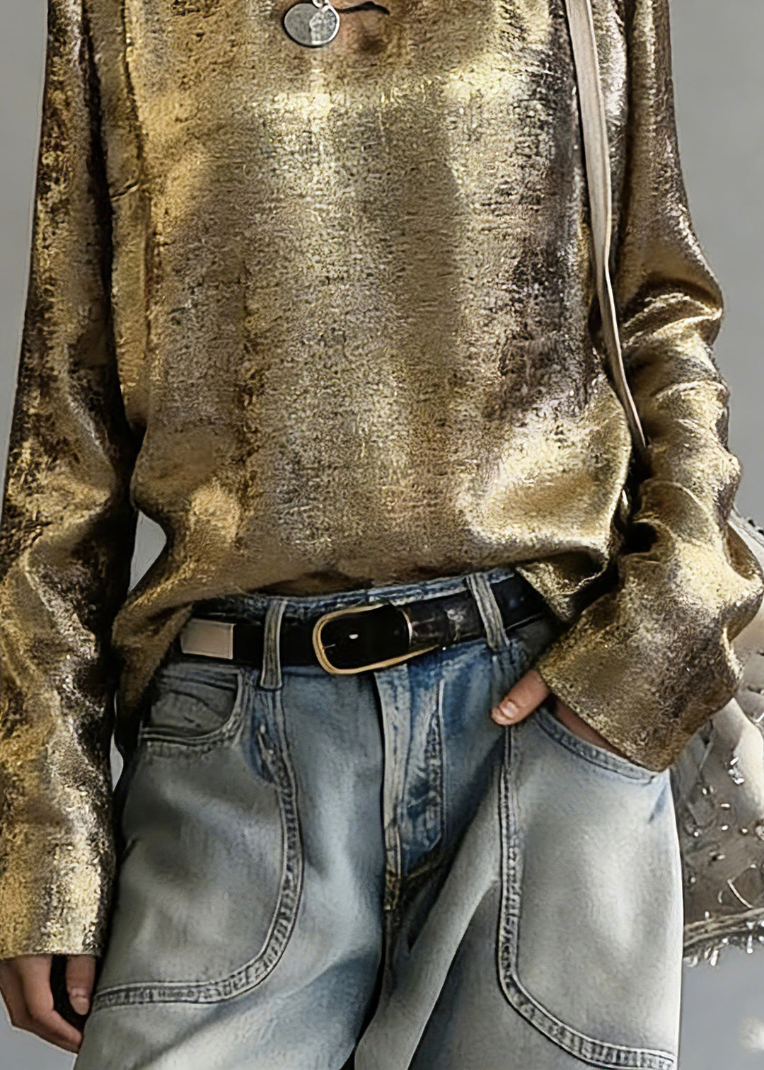 Chinese Style Gold O-Neck Patchwork Top Spring