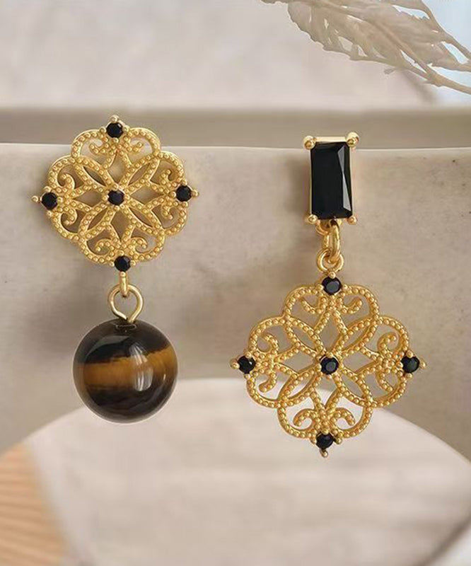 Chinese Style Gold Sterling Silver Overgild Asymmetrical Tiger's Eye Drop Earrings