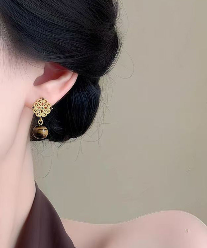 Chinese Style Gold Sterling Silver Overgild Asymmetrical Tiger's Eye Drop Earrings