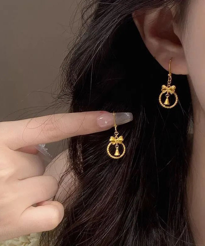 Chinese Style Gold Sterling Silver Overgild Bow Small Bell Drop Earrings