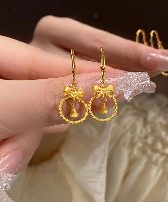 Chinese Style Gold Sterling Silver Overgild Bow Small Bell Drop Earrings