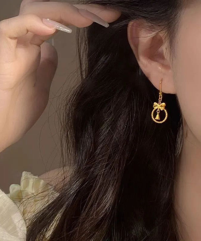 Chinese Style Gold Sterling Silver Overgild Bow Small Bell Drop Earrings