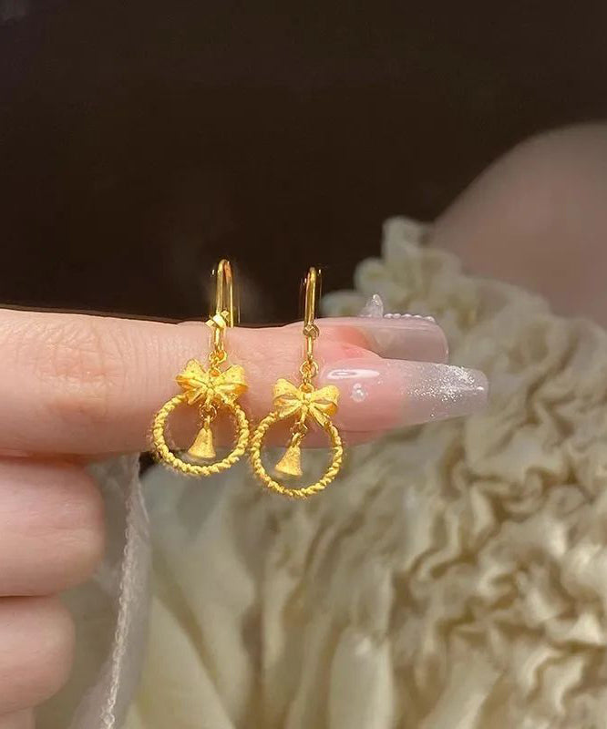 Chinese Style Gold Sterling Silver Overgild Bow Small Bell Drop Earrings