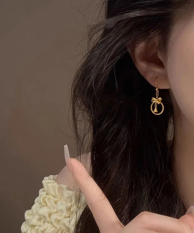 Chinese Style Gold Sterling Silver Overgild Bow Small Bell Drop Earrings