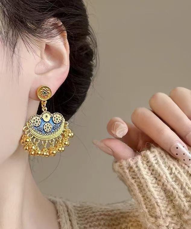 Chinese Style Gold Sterling Silver Overgild Enamel TasselDrop Earrings