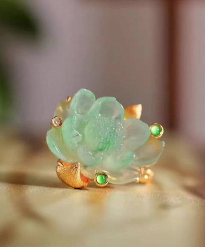 Chinese Style Gold Sterling Silver Overgild Jade Lotus Rings