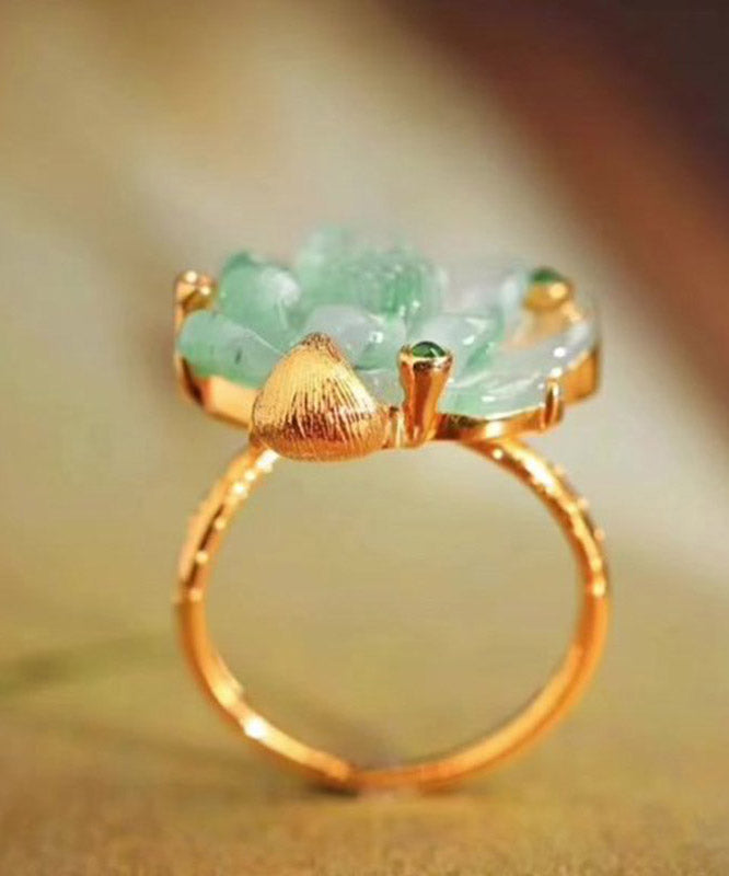 Chinese Style Gold Sterling Silver Overgild Jade Lotus Rings