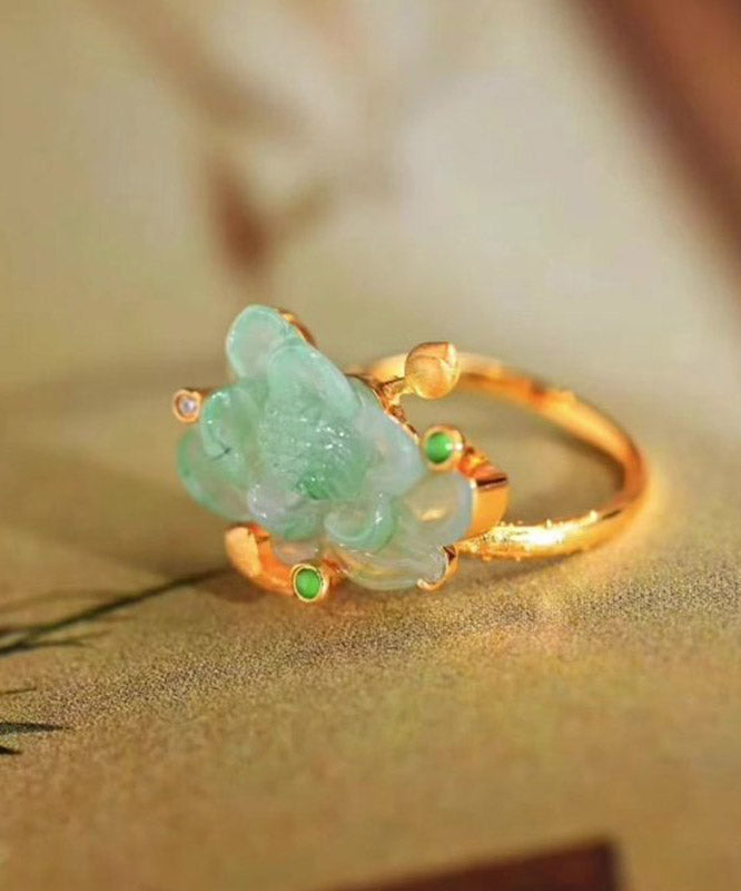 Chinese Style Gold Sterling Silver Overgild Jade Lotus Rings