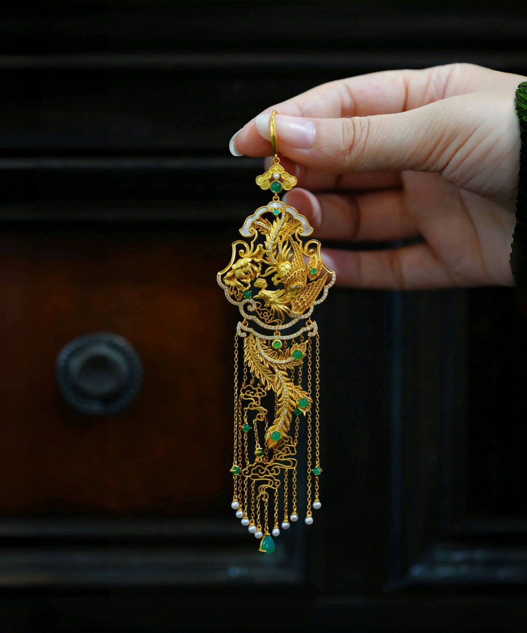 Chinese Style Gold Sterling Silver Overgild Pearl Phoenix Tassel Drop Earrings