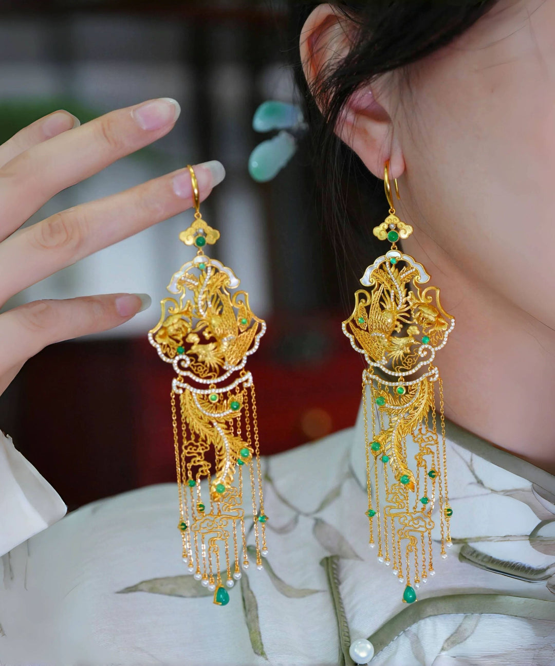 Chinese Style Gold Sterling Silver Overgild Pearl Phoenix Tassel Drop Earrings