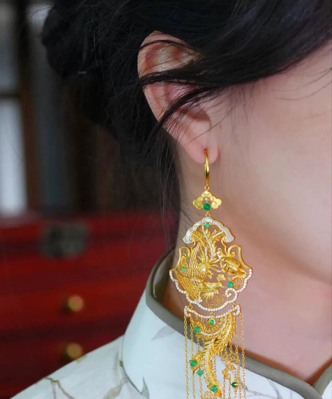Chinese Style Gold Sterling Silver Overgild Pearl Phoenix Tassel Drop Earrings
