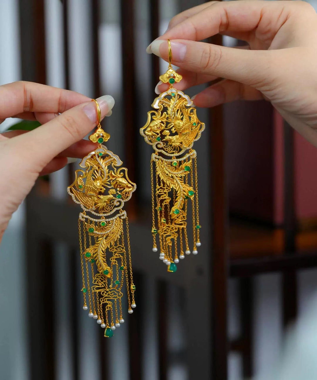 Chinese Style Gold Sterling Silver Overgild Pearl Phoenix Tassel Drop Earrings
