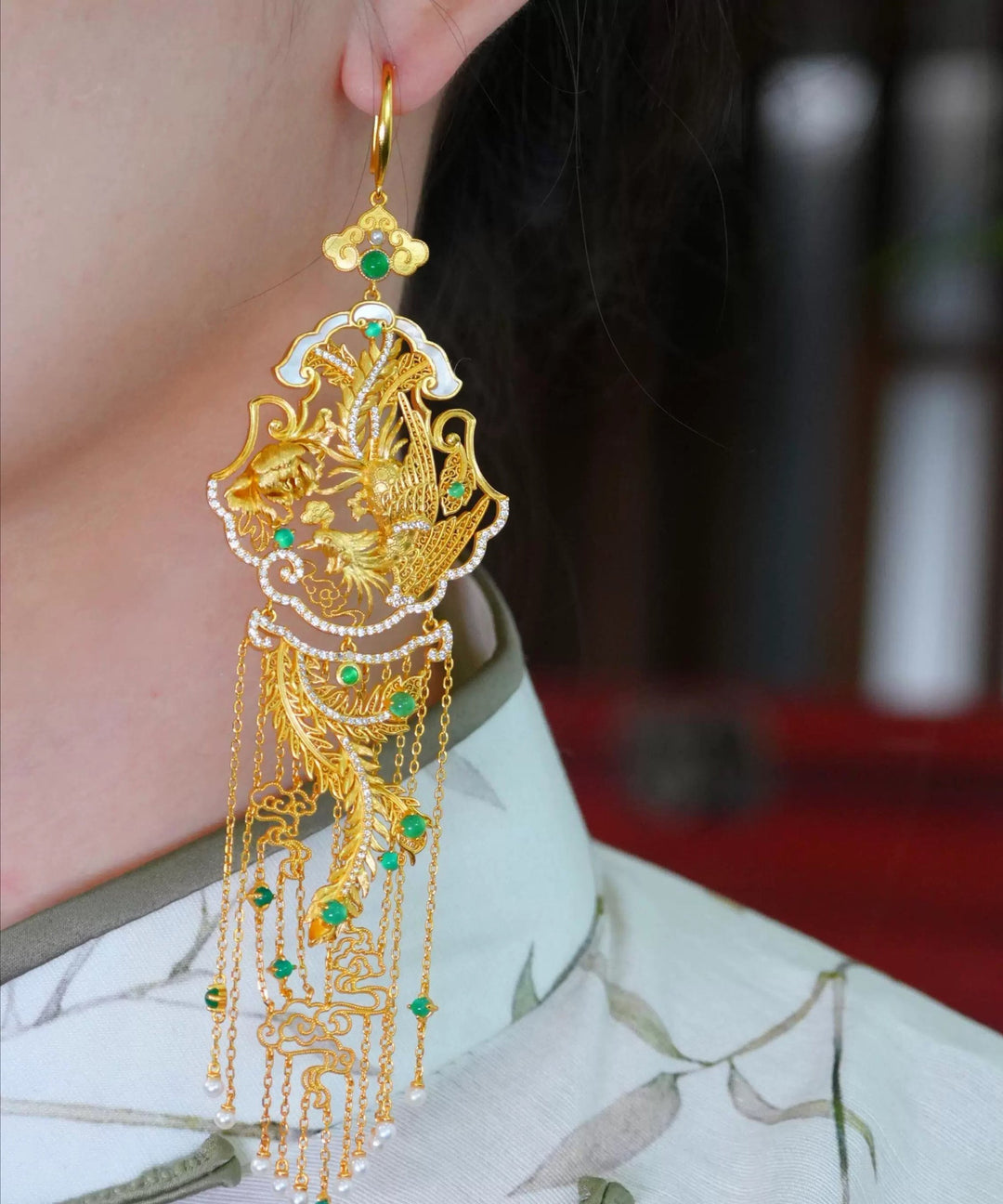 Chinese Style Gold Sterling Silver Overgild Pearl Phoenix Tassel Drop Earrings