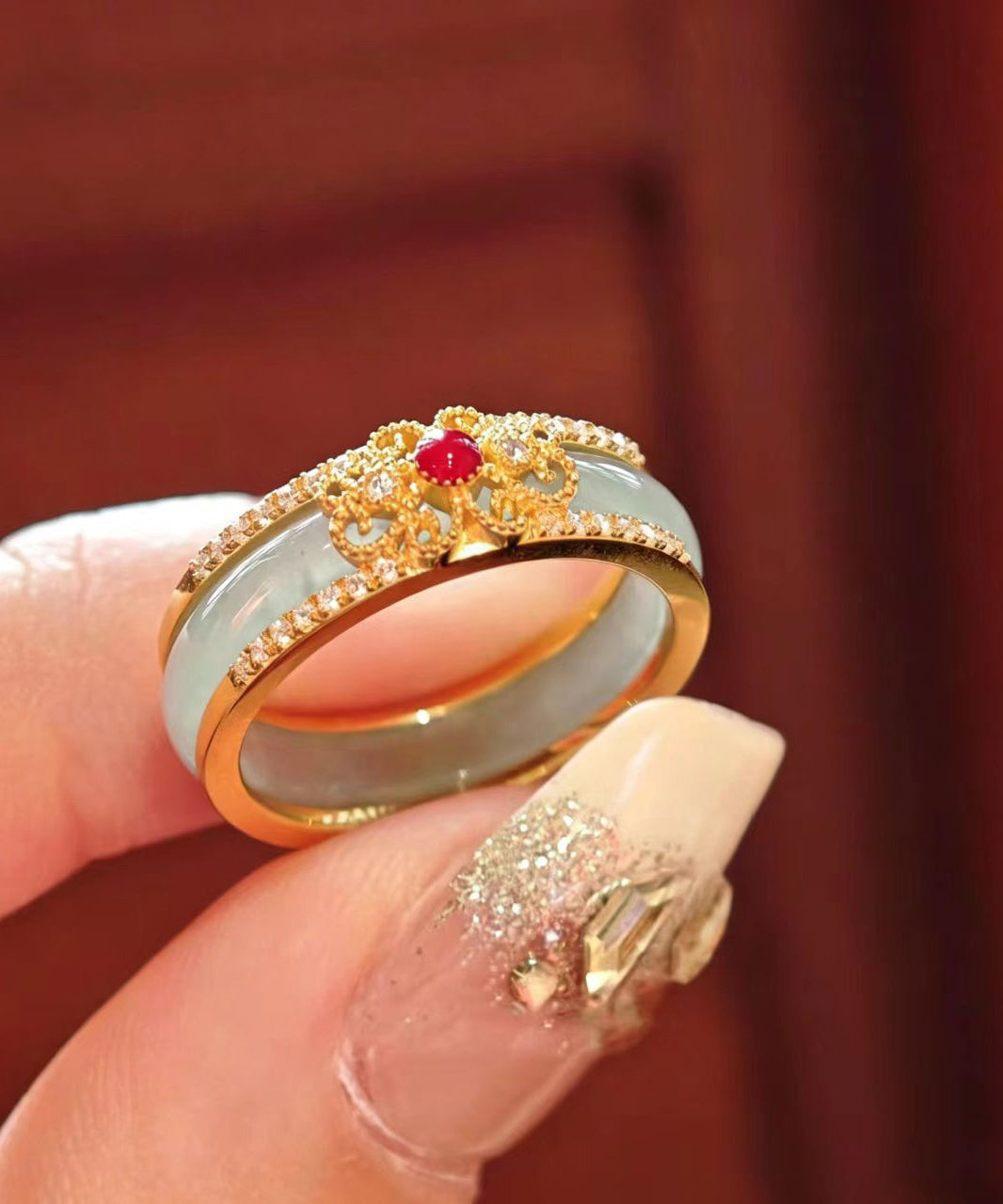 Chinese Style Gold Zircon Alloy Imitation Jade Rings