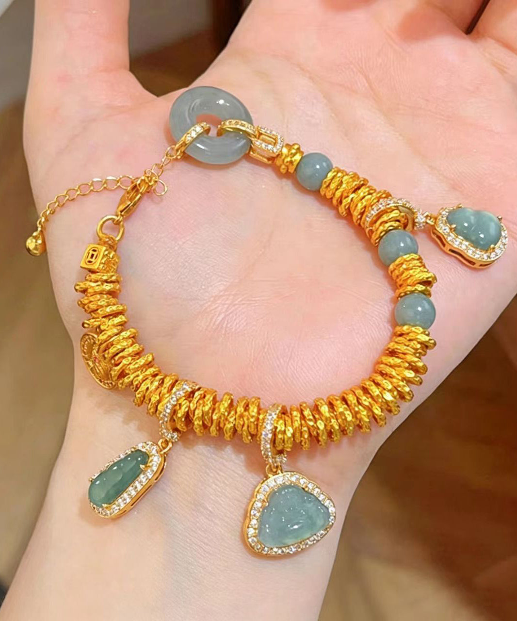 Chinese Style Gold Zircon Alloy Peace Button Gourd Charm Bracelet