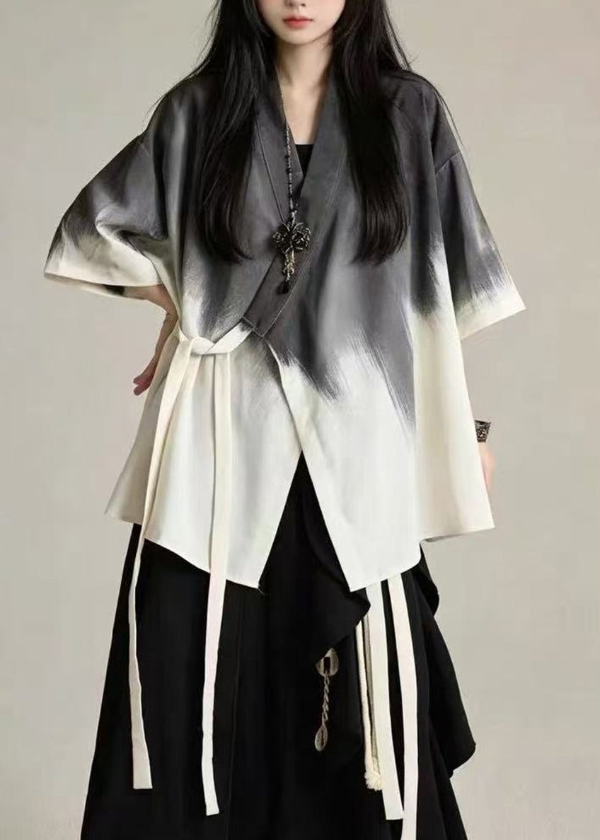 Chinese Style Gradient Color V Neck Lace Up Cotton Top Summer