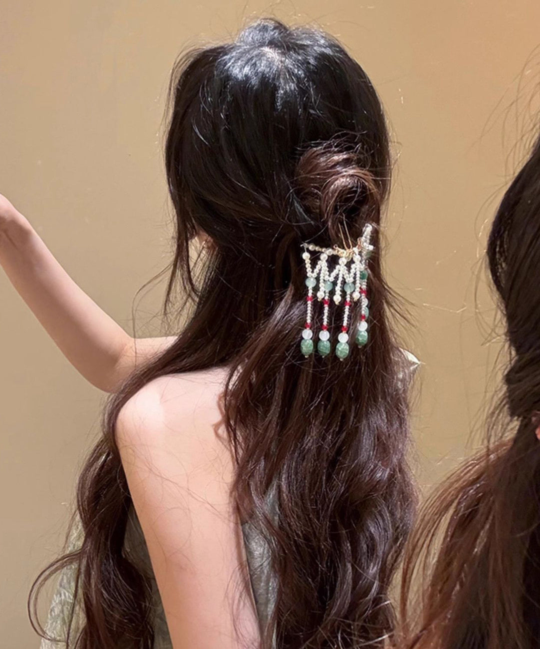 Chinese Style Green Alloy Colored Glaze Pearl Tassel Hairpin