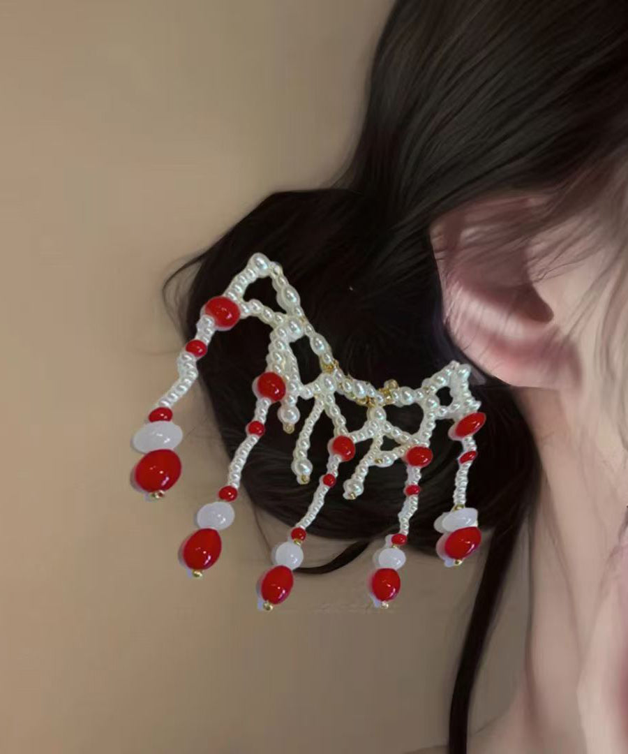 Chinese Style Green Alloy Colored Glaze Pearl Tassel Hairpin