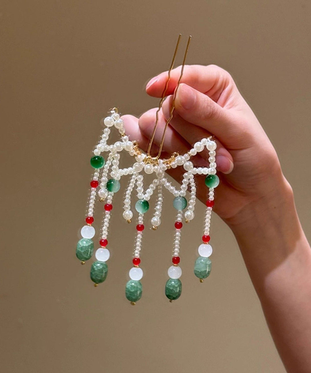 Chinese Style Green Alloy Colored Glaze Pearl Tassel Hairpin