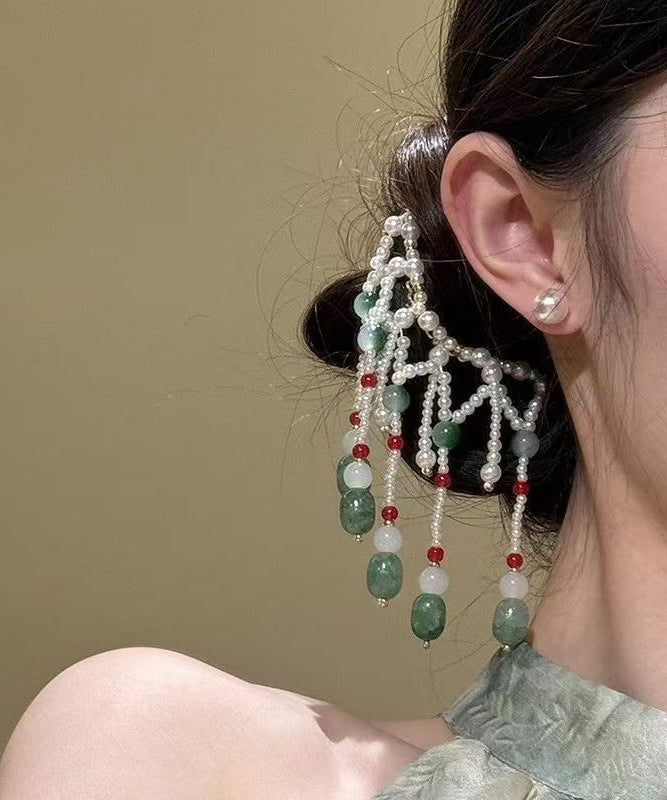Chinese Style Green Alloy Colored Glaze Pearl Tassel Hairpin