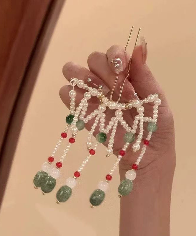 Chinese Style Green Alloy Colored Glaze Pearl Tassel Hairpin